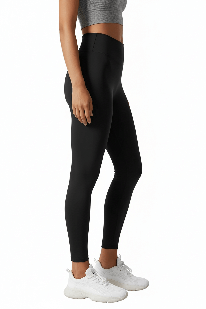 Black High-Waisted Peach Lift Leggings – Slim Fit, perfect for gym sessions and yoga, showcasing a slim fit and high waist.