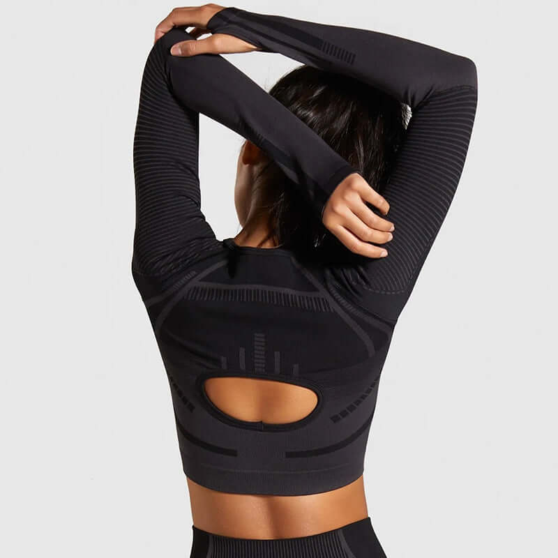 Women's Matching Active Set – Seamless Long Sleeve Top & Tights in black, showing back view and unique design.