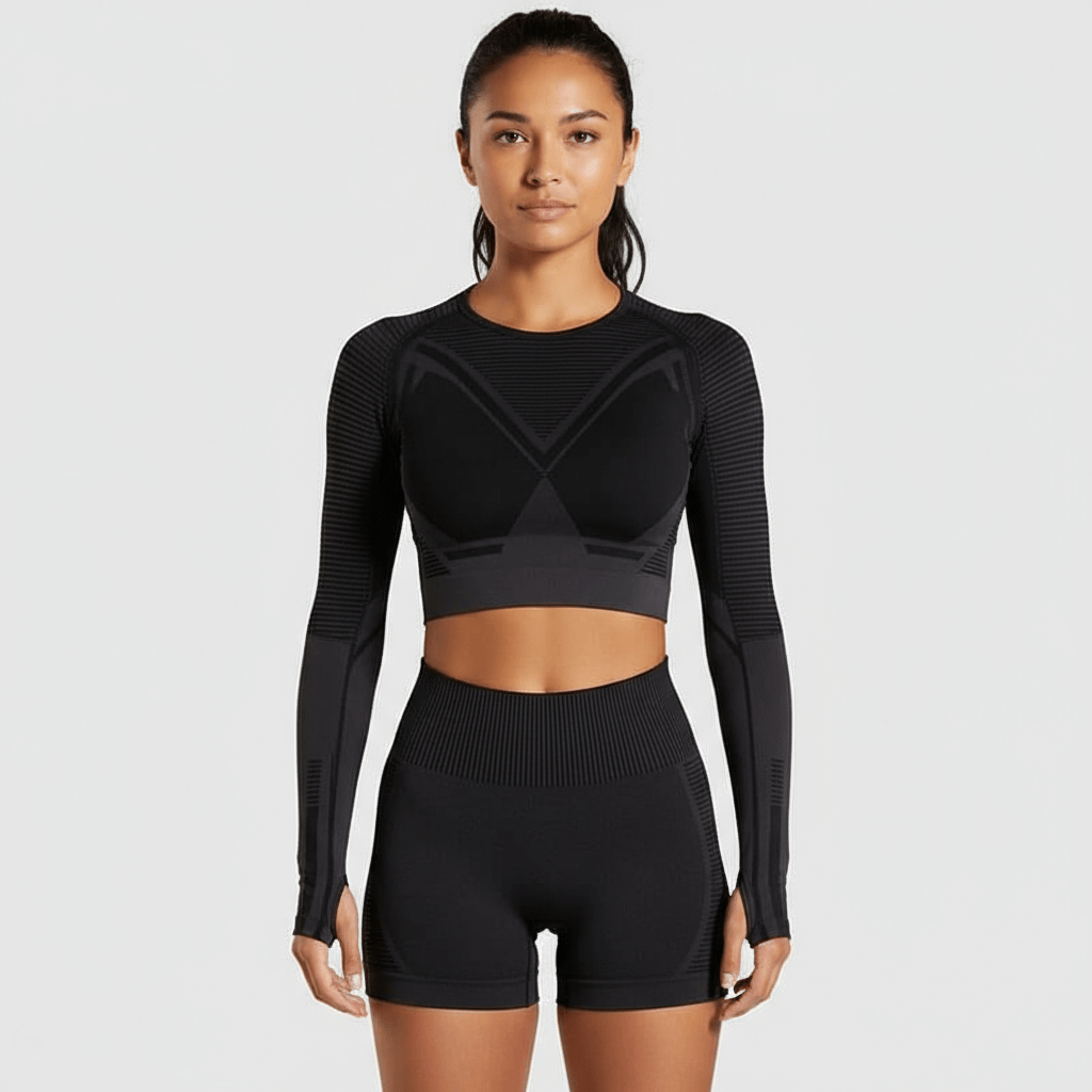 Matching Active Set – Seamless Long Sleeve Top & Tights in black, featuring a fitted long sleeve top and shorts for women.