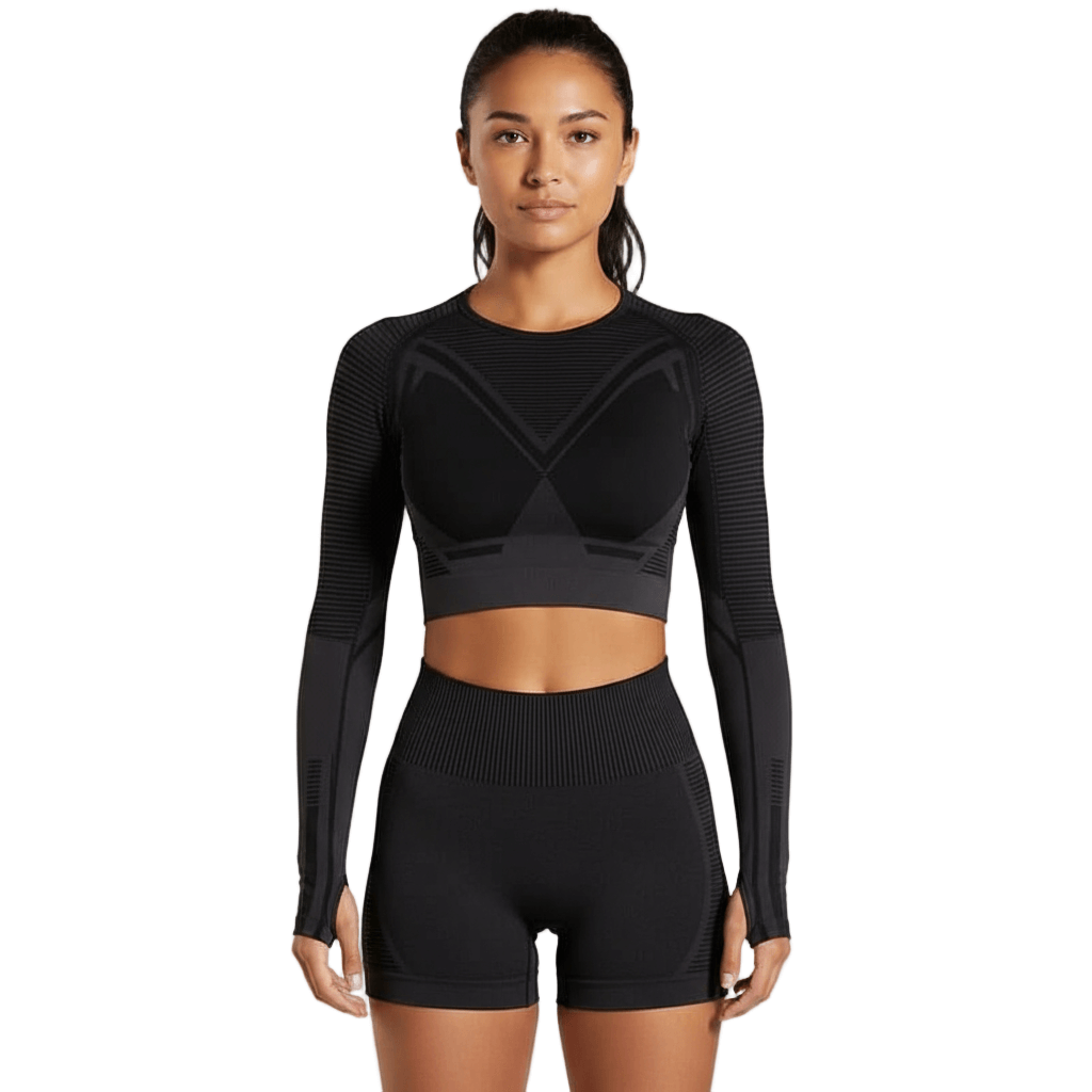 Matching Active Set – Seamless Long Sleeve Top & Tights model wearing black activewear for women, featuring leggings and a long sleeve top.