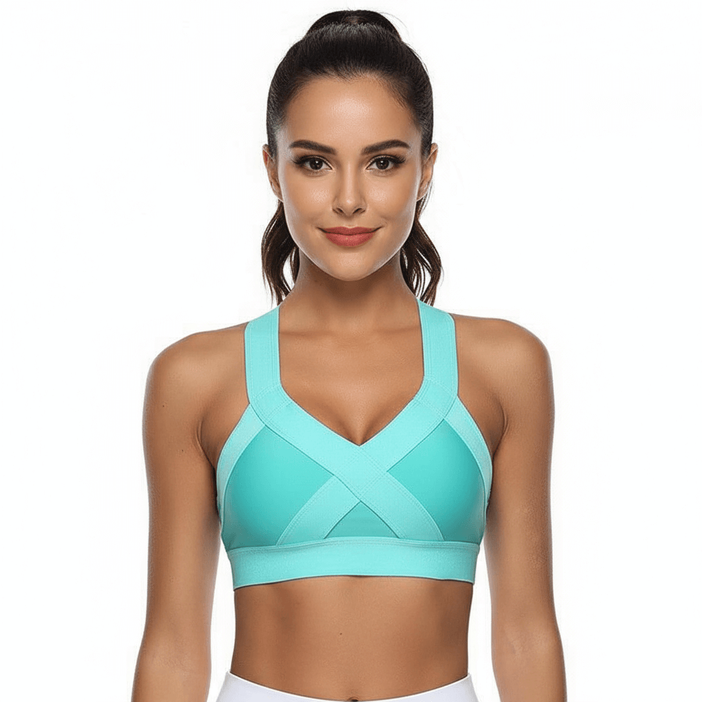 Women's Wideband Sports Bra – V-Neck, Slim Fit Support in turquoise color for activewear, perfect for yoga and gym.