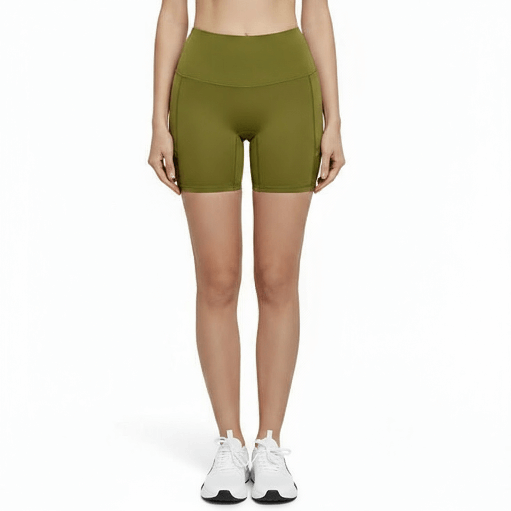 Lycra Sports Shorts – High-Waisted & Antibacterial in olive green, perfect for women's activewear and workouts.
