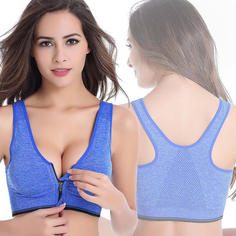 Black Front-Zip Sports Bra – Supportive, Breathable Fit shown in blue, featuring a front zipper and comfortable design.