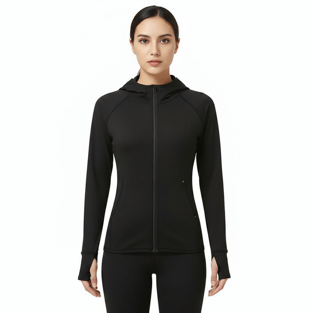 Quick-Dry Zip-Up Hoodie – Lightweight & Breathable Fit modeled by a woman in black activewear.