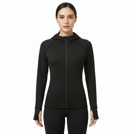 Quick-Dry Zip-Up Hoodie – Lightweight & Breathable Fit modeled by a woman in black activewear.