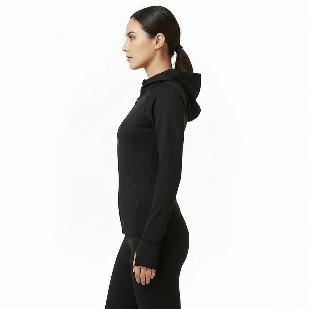 Quick-Dry Zip-Up Hoodie – Lightweight & Breathable Fit worn by model in black, showcasing side view and design features.