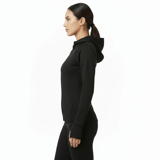 Quick-Dry Zip-Up Hoodie – Lightweight & Breathable Fit worn by model in black, showcasing side view and design features.