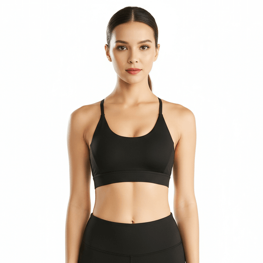 Black Mesh Back Push-Up Sports Bra – Racerback, Padded Fit worn by model to showcase activewear style.