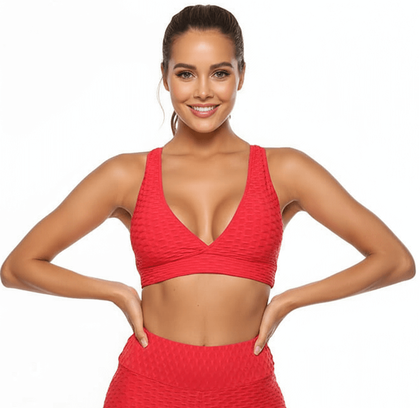 Jacquard Sculpt Bra – Textured Elegance, Engineered Support in vibrant red on model, highlighting breathable material.