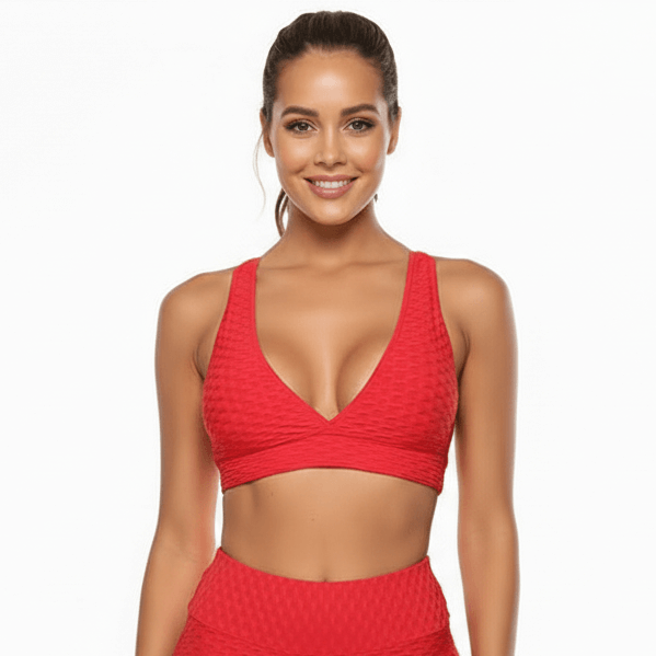 Jacquard Sculpt Bra – Textured Elegance, Engineered Support in vibrant red fabric, showcasing textured style and supportive fit.