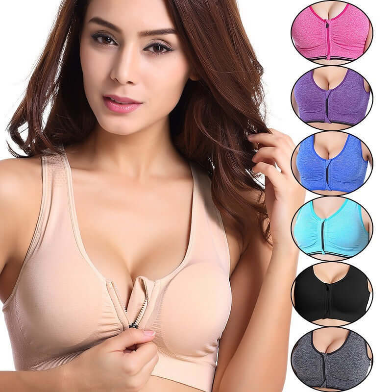 Black Front-Zip Sports Bra – Supportive, Breathable Fit in various colors, featuring front zipper closure and adjustable straps.