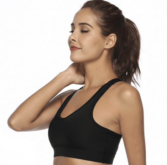 Black Acetate Sports Bra – Soft, Breathable Comfort model showcasing flexible support and stylish design.