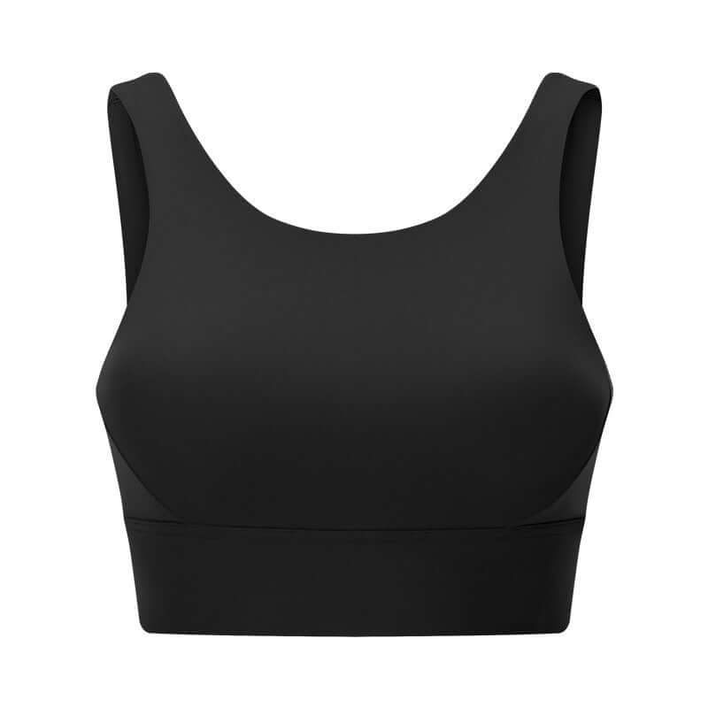 Black No-Bounce Sports Bra – Shockproof, Beauty Back Design featuring a sleek black fabric and supportive design.