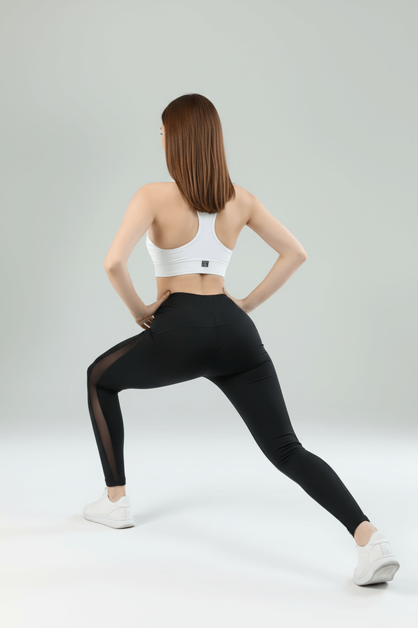 Model showing Sports Gym Running Leggings - Nylon-Spandex while in a lunge position, featuring breathable fabric.