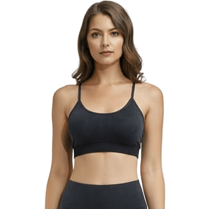 Black Xtreme Sports Bra – Seamless, Open-Back Fit for women’s activewear and leggings.