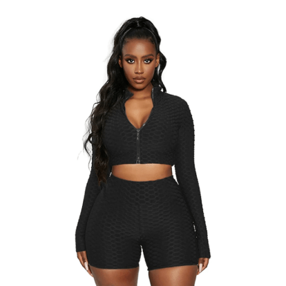 Women's Tracksuit Yoga Fitness Activewear Set in black, featuring a stylish zip-up long sleeve top and shorts.