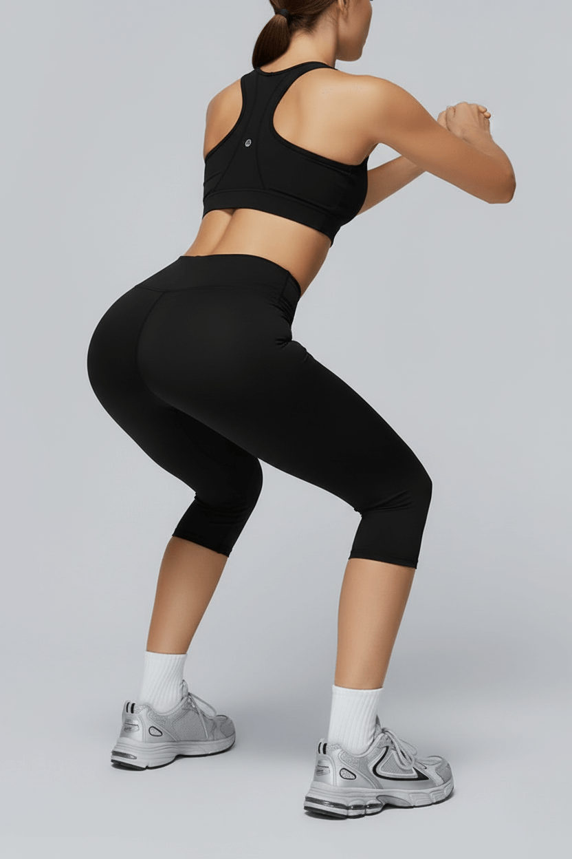 3/4 Brushed Yoga Knee-Length Pants – High-Waist Quick-Dry Slim Fit worn during a workout, showcasing flexibility and fit.