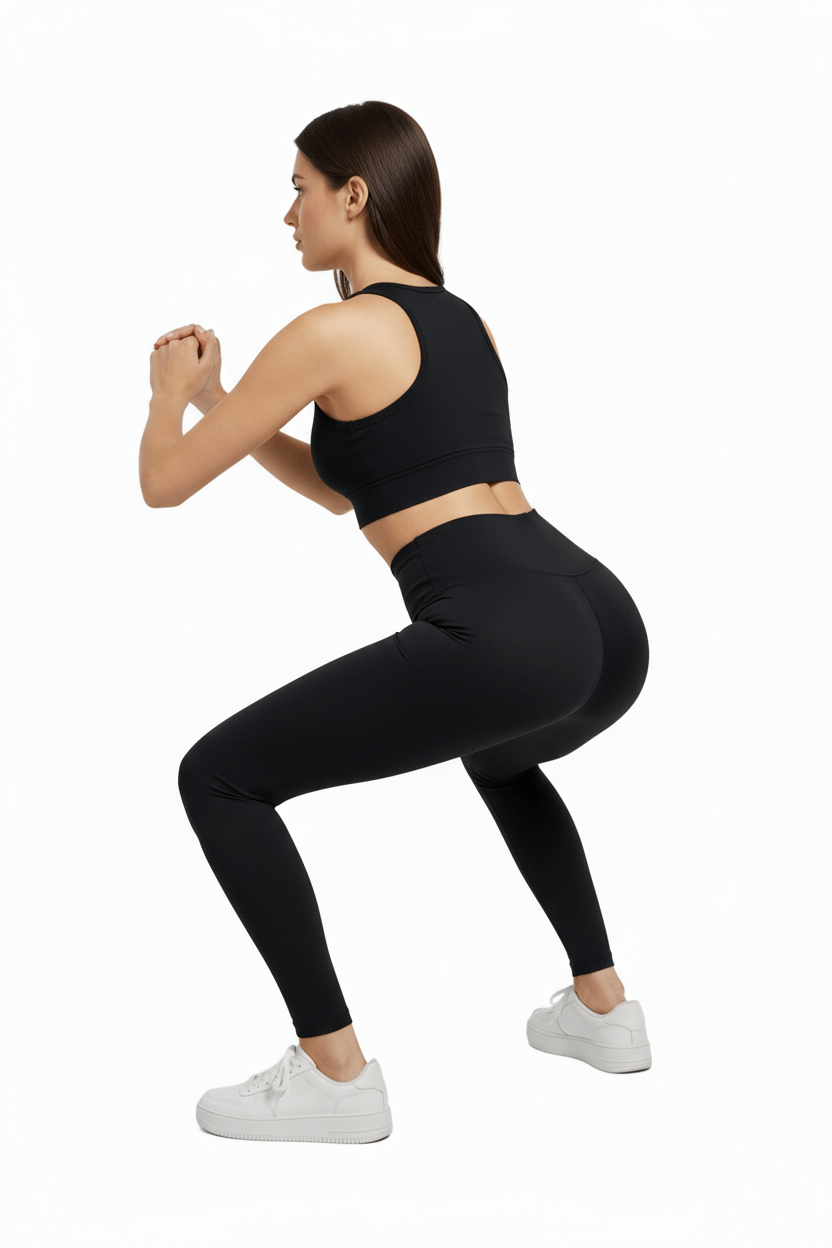 Black Seamless Yoga Pants – Sculpting, Sweat-Wicking worn during squats, showcasing flexibility and support.