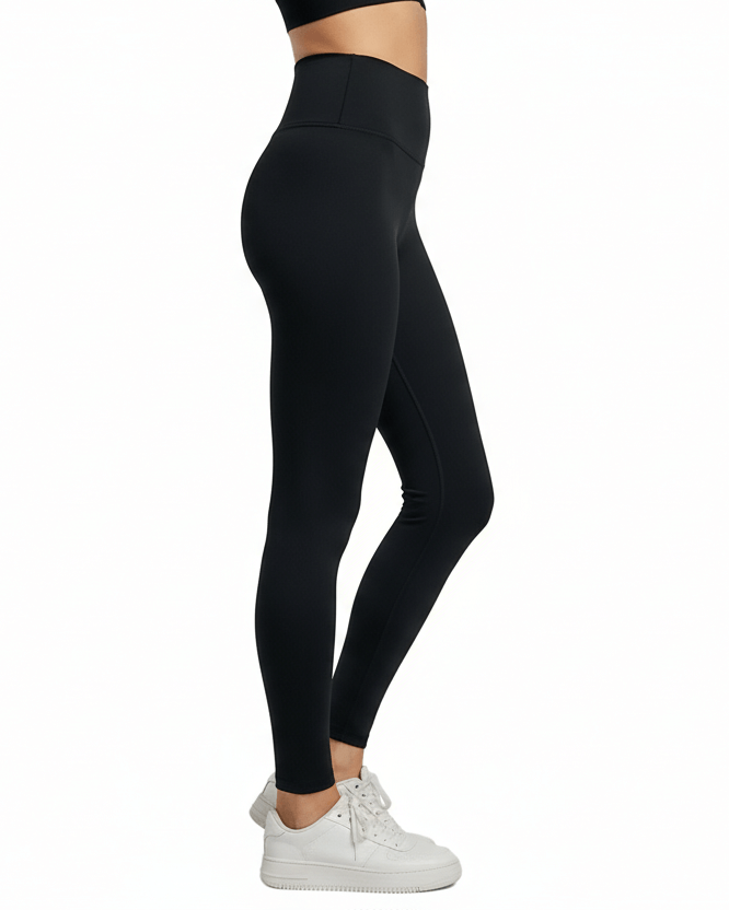 Black Seamless Yoga Pants – Sculpting, Sweat-Wicking in a stylish side view, perfect for workouts.