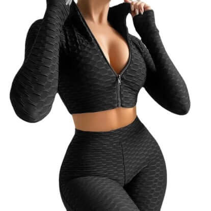Women's Tracksuit Yoga Fitness Activewear Set featuring a stylish black cropped zip top and high-waisted leggings.