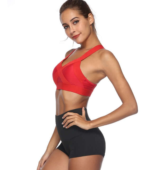Black Wideband V-Neck Sports Bra – Slim Fit, Breathable Support on a model showcasing its sleek design.