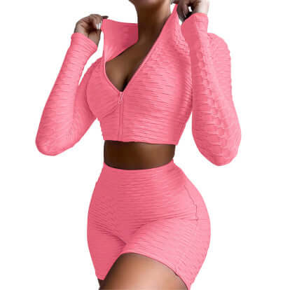 Women's Tracksuit Yoga Fitness Activewear Set in trendy pink, featuring a zip-up cropped top and high-waist shorts.