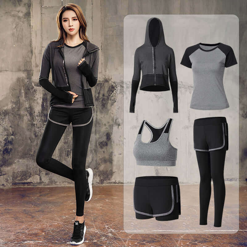 5-piece women's activewear set in black featuring a sports bra, tops, jacket, shorts, and leggings, ideal for fitness.