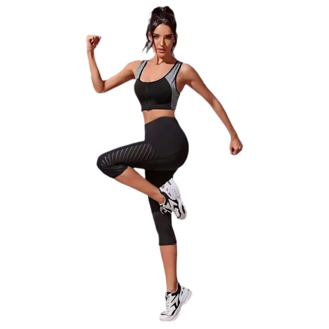 3/4 Color-Contrast Slim Leggings – High-Rise Belly Support worn by a woman in action pose, showcasing stylish athletic wear.