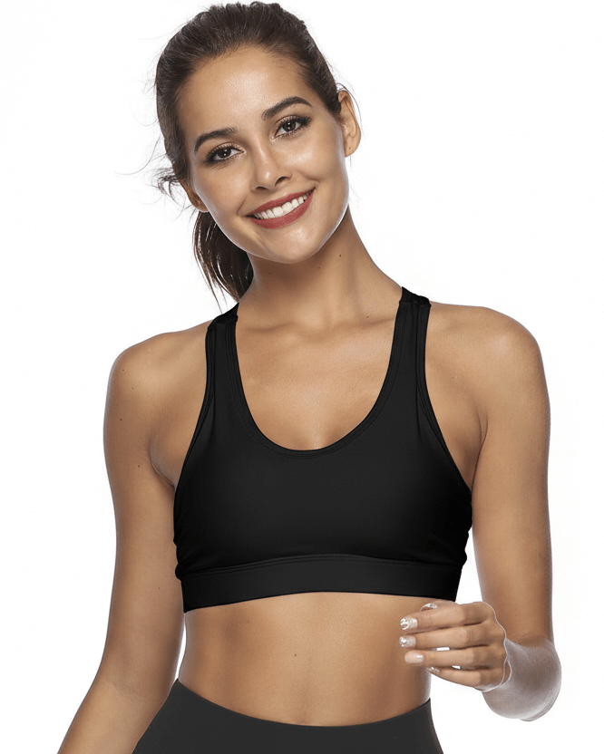 Black Acetate Sports Bra – Soft, Breathable Comfort worn by a model with a smile.