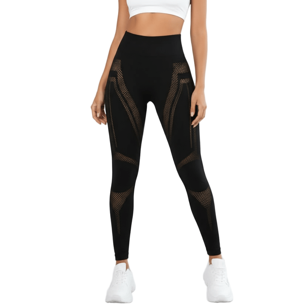 Seamless Mesh Yoga Pants – High-Waisted, Breathable Fit by Layna Activewear Australia leggings in black with mesh paneling.