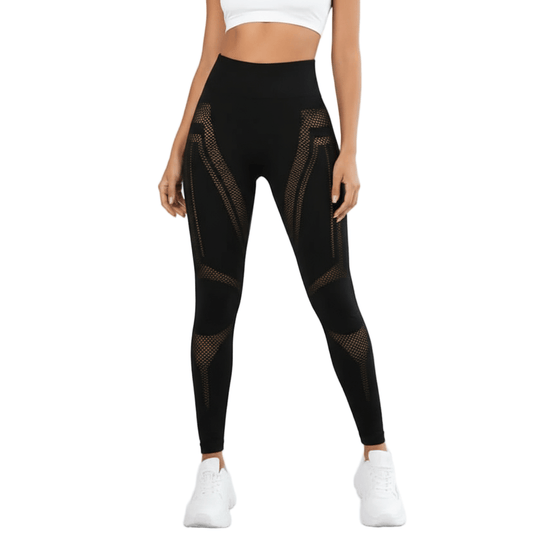 Seamless Mesh Yoga Pants – High-Waisted, Breathable Fit by Layna Activewear Australia leggings in black with mesh paneling.