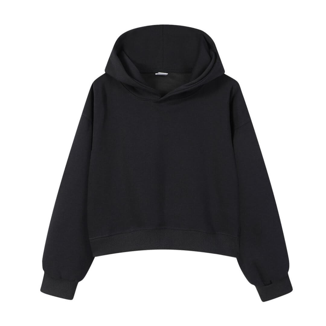Layna Cropped Layer Hoodie in black with a cropped fit and soft fleece inner for activewear.
