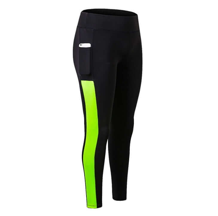 Seamless high-waisted yoga leggings for women with side pocket and neon green accent.