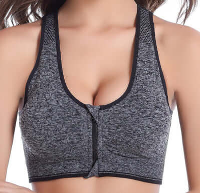 Black Front-Zip Sports Bra – Supportive, Breathable Fit featuring a stylish front zip closure and breathable fabric.