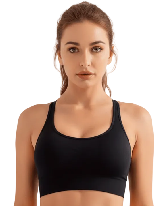 Black Xtreme Sports Bra – Seamless, Open-Back Fit worn by a model showcasing its sleek design.