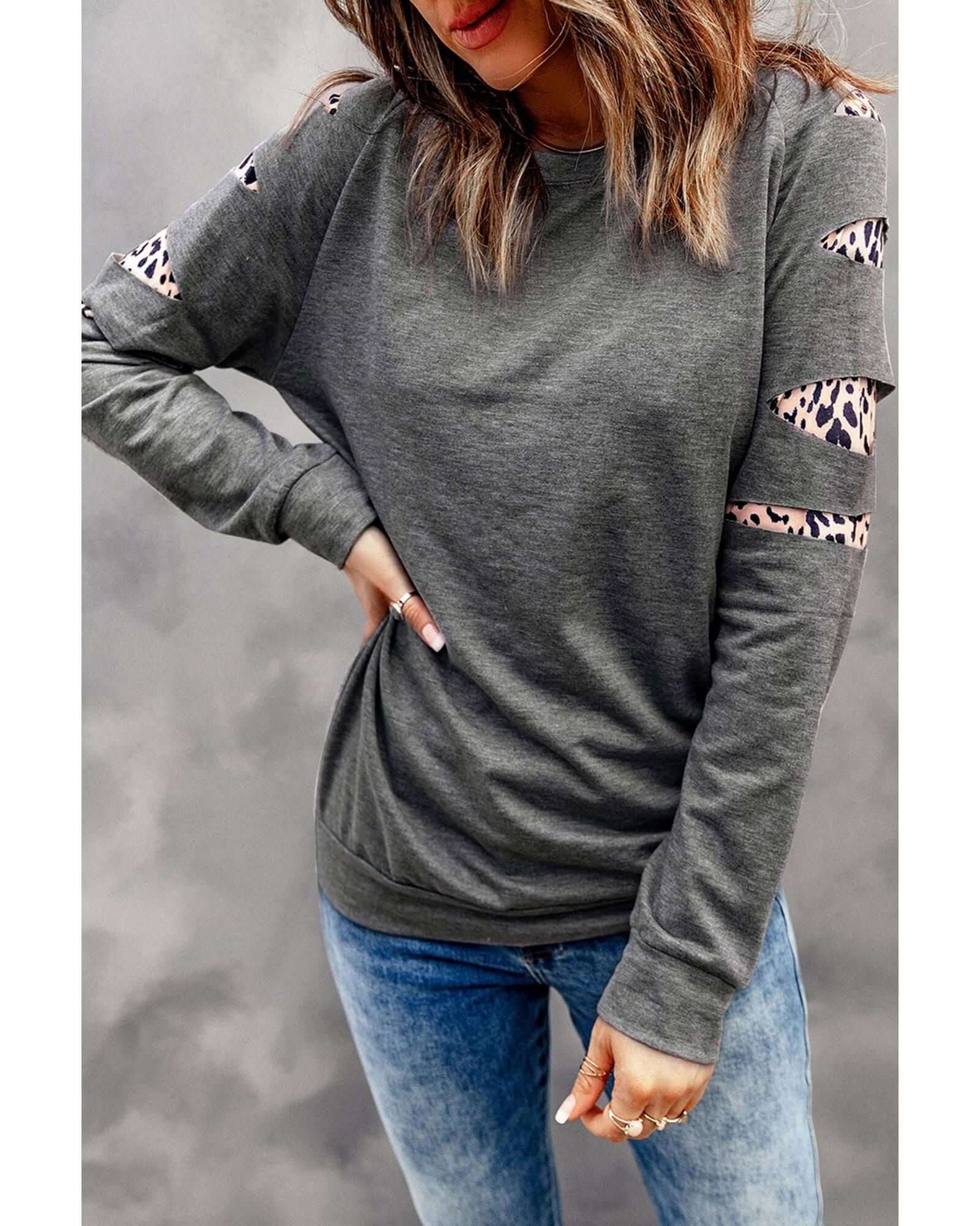 Women's casual Azura Exchange gray sweatshirt with unique leopard insert detailing for stylish comfort.