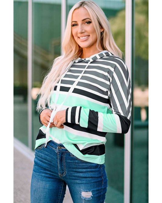 Women's casual Azura Exchange striped drawstring long sleeve hoodie in mint and black, perfect for laid-back styles.
