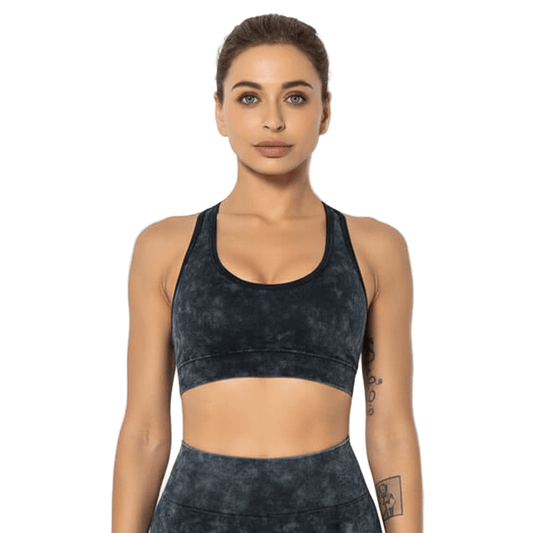 Black Mesh Running Sports Bra – Full Coverage & Breathable Support for high impact fitness.