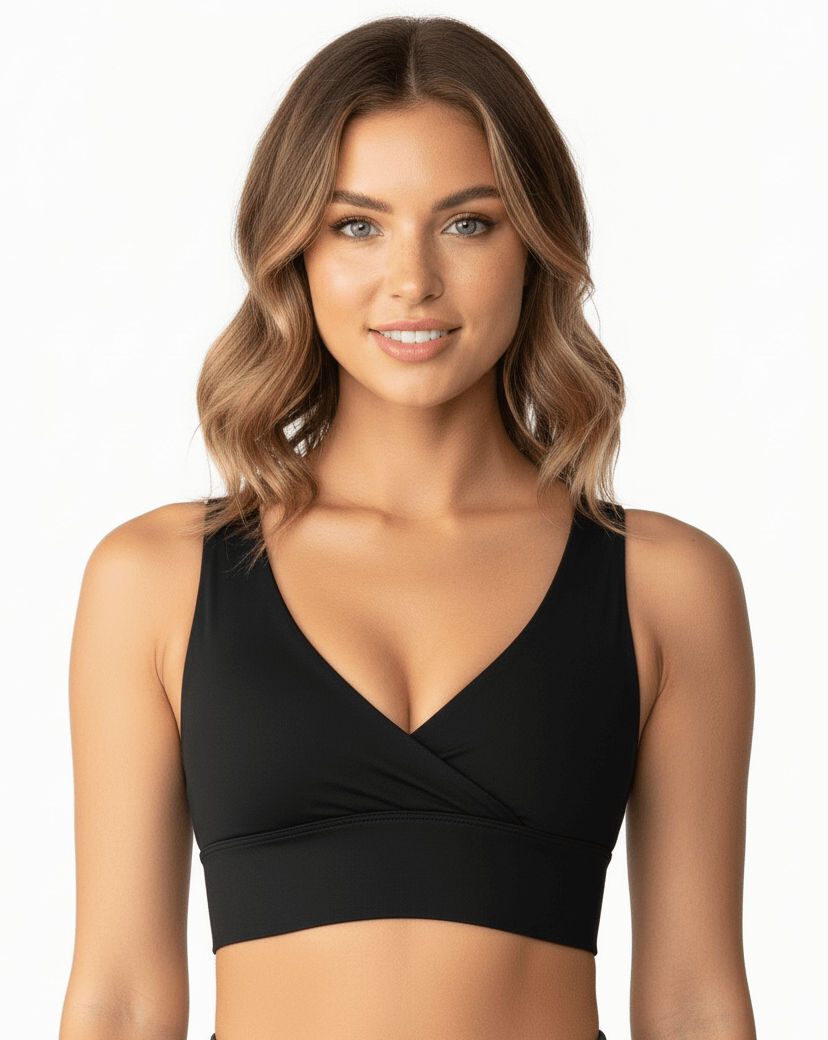 Black Cotton Yoga Sports Bra – Minimalist, Stretch Fit by Layna Activewear Australia, perfect for yoga and daily wear.