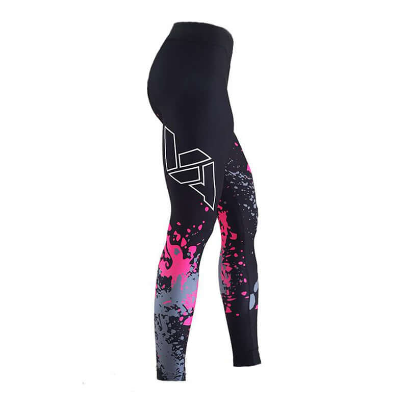 Geometric Print Hip Lifting Stretch High Waist Leggings with vibrant pink and black design on a white background.