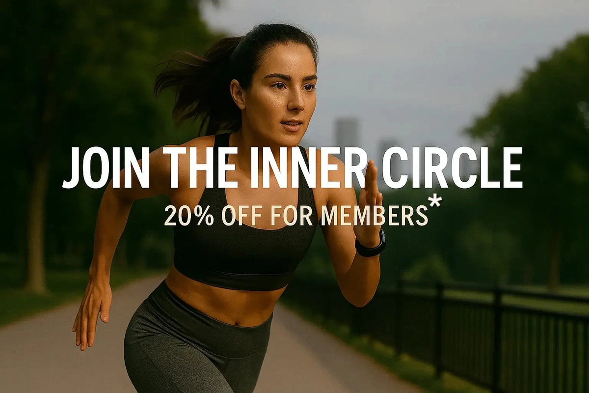 A woman running in premium women's activewear, promoting 20% off for inner circle members.