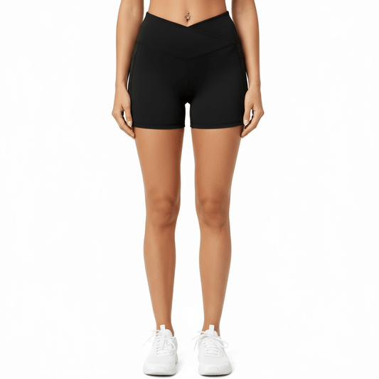 High-Waisted Yoga Shorts – Sweat-Wicking Fit in black, perfect for women’s activewear workouts.
