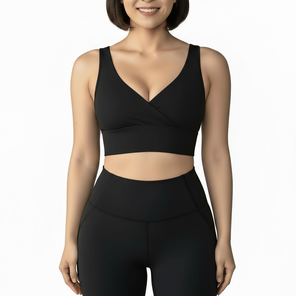 Pure Color Yoga Sports Bra – Cotton Blend Comfort & Stretch in black, ideal for yoga and activewear.