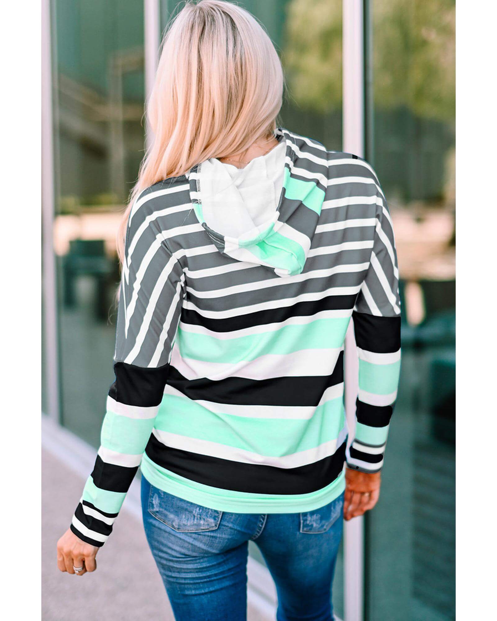 Women's casual Azura Exchange striped drawstring long sleeve hoodie in mint and black, perfect for laid-back occasions.