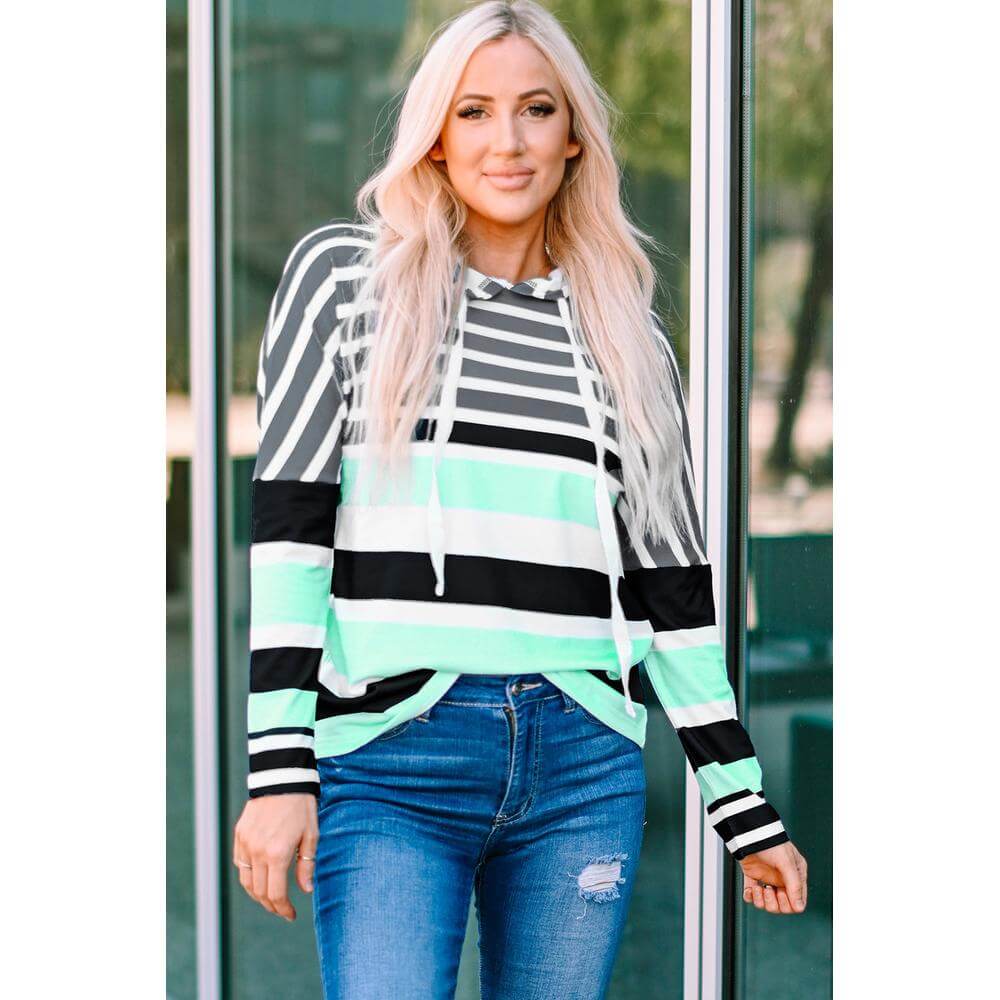 Women's casual Azura Exchange striped drawstring hoodie in black and mint with long sleeves.