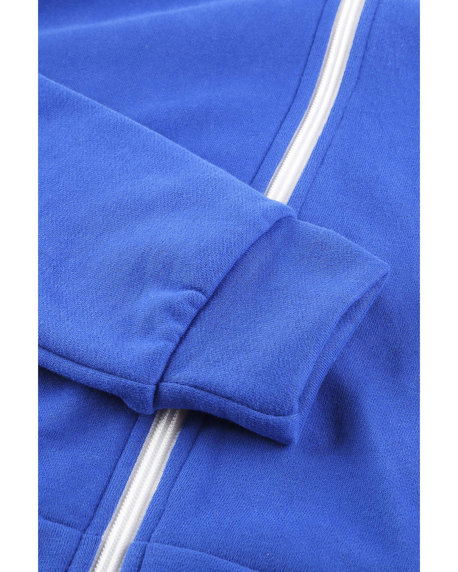 Close-up of Azura Exchange blue zip-up hoodie jacket showcasing cuff detail, perfect for activewear.