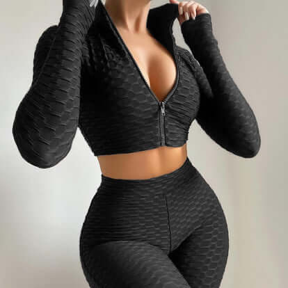 Women's Tracksuit Yoga Fitness Activewear Set showcasing a stylish black zip-up top and form-fitting leggings.
