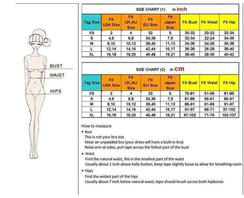Size chart for Fashion Printed Ruffle Swimsuit – Women’s Swimwear, displaying measurements in inches and centimeters.
