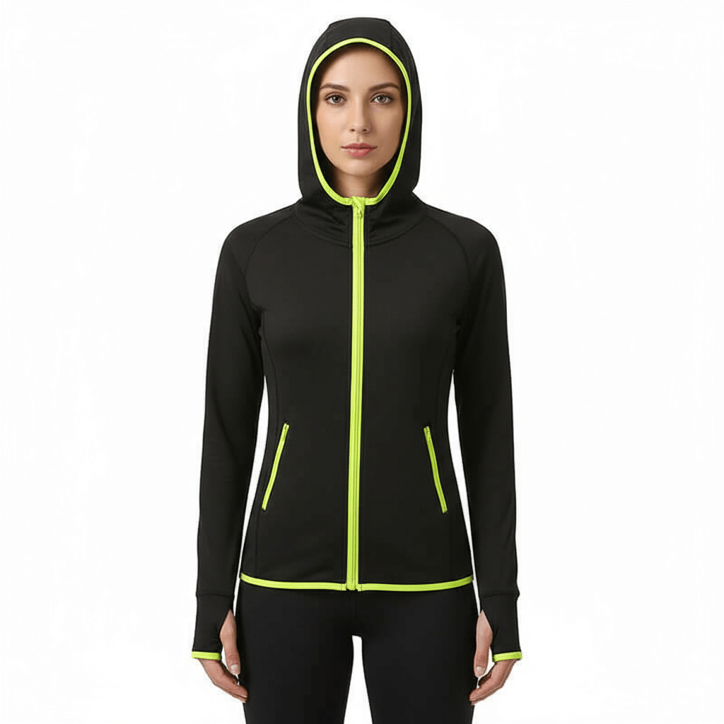 Quick-Dry Zip-Up Hoodie – Lightweight & Breathable Fit in black with bright accents for women