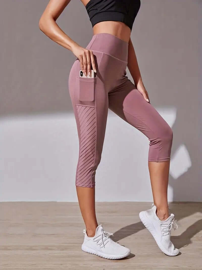 3/4 Color-Contrast Slim Leggings – High-Rise Belly Support in soft pink with pockets, perfect for women activewear.